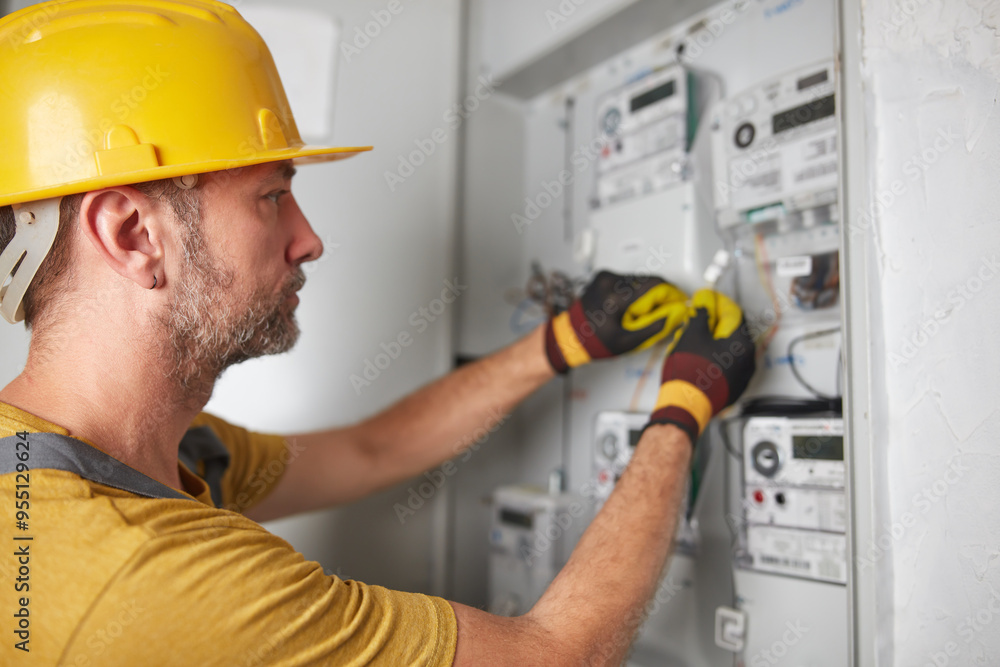 Technician working on a modern electricity power meter station in a building. Technician working on a modern electricity power meter station in a building.