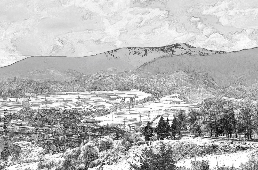 Gorgeous mountains and hills with woods and lawns, Pencil drawn sketchy draft illustration Gorgeous mountains and hills with woods and lawns, Pencil drawn sketchy draft illustration