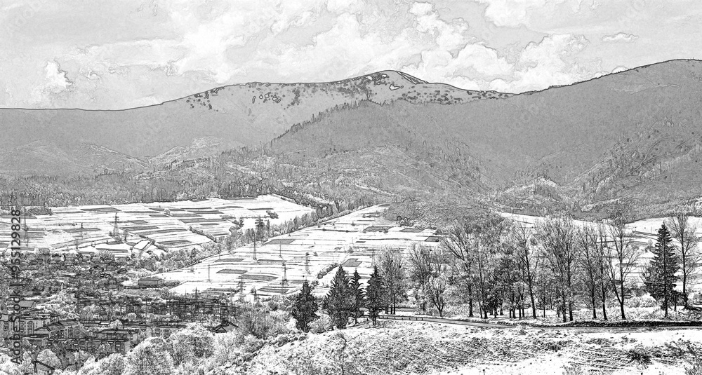 Gorgeous mountains and hills, Pencil drawn sketchy draft illustration Gorgeous mountains and hills, Pencil drawn sketchy draft illustration