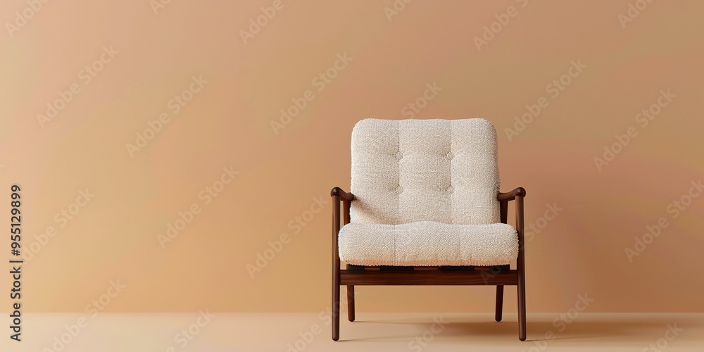 A single, white upholstered armchair with wooden legs stands in front of a peach-colored wall. A single, white upholstered armchair with wooden legs stands in front of a peach-colored wall.
