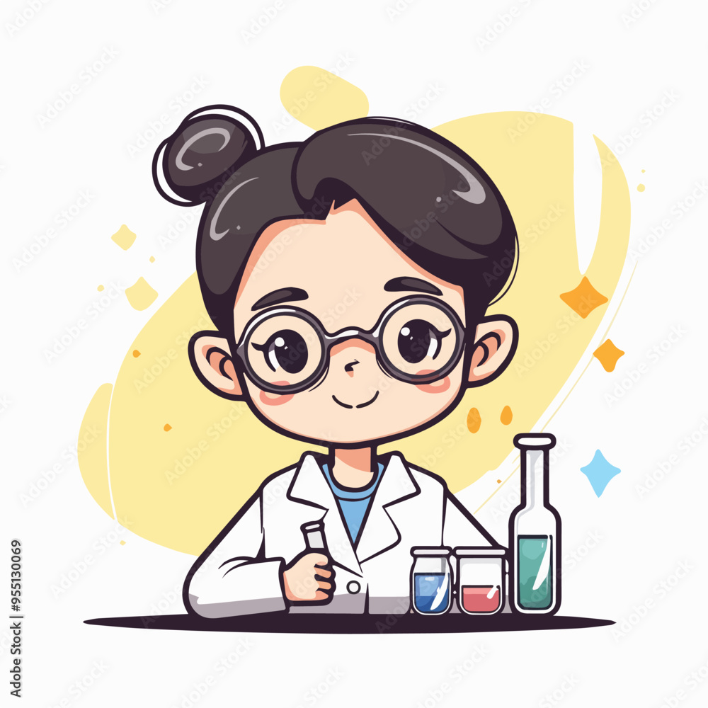 Cute Cartoon Scientist Girl Chemistry Experiment Illustration Medical Laboratory Science Education Kids Cute Cartoon Scientist Girl Chemistry Experiment Illustration Medical Laboratory Science Education Kids