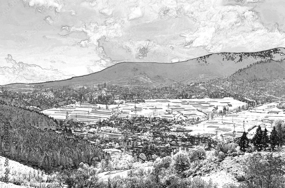 Mountain valley with forest and meadows, Pencil drawn sketchy draft illustration Mountain valley with forest and meadows, Pencil drawn sketchy draft illustration