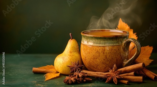 A rustic autumn scene with a steaming mug of pear spiced cider