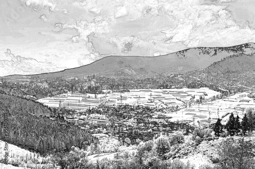 Wallpaper Mural Mountain valley with forest and meadows, Pencil drawn sketchy draft illustration Torontodigital.ca