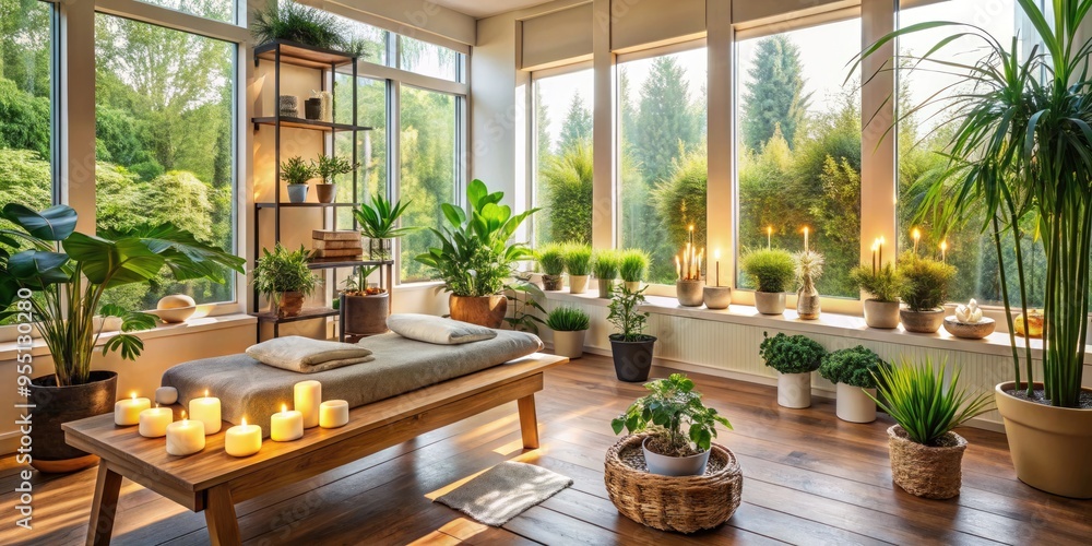 Soothing ambiance of a serene wellness center with calming plants, essential oils, and natural light, evoking a sense of relaxation and inner balance. Soothing ambiance of a serene wellness center with calming plants, essential oils, and natural light, evoking a sense of relaxation and inner balance.