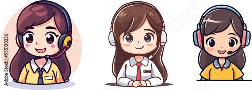 Cute Customer Service Representative Wearing Headset Smiling Character Illustration Customer Support Agent Telemarketing Online Assistant Helpdesk Operator Icon Avatar Logo Sticker Emblem Design