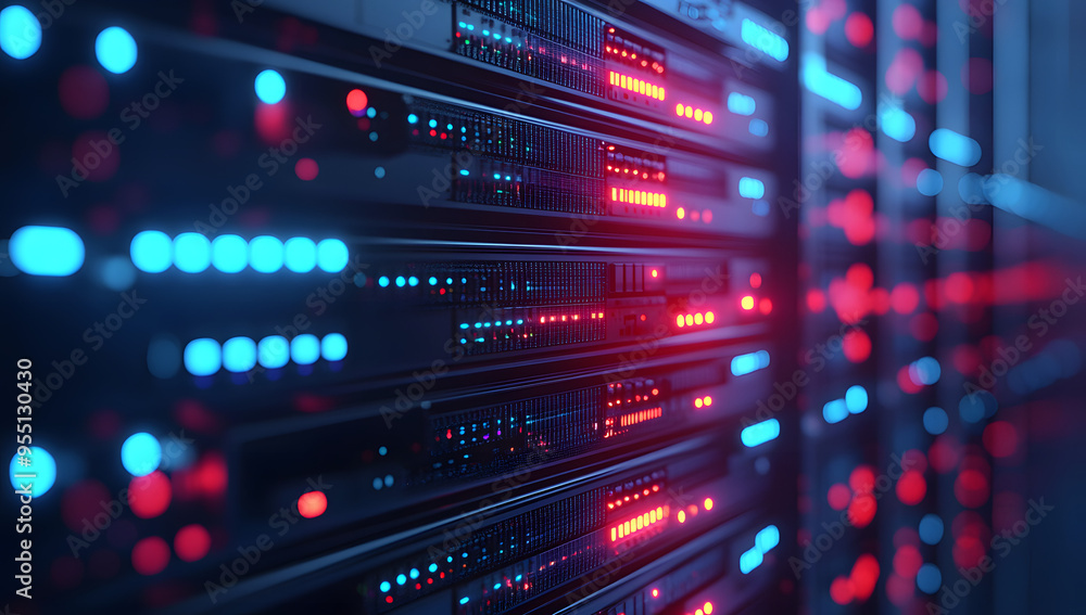 Close-Up Shot of a Server Rack in a Data Center with Bright Lights and Computer Equipment, Highlighting Advanced Technology Behind Cloud Services, Blurred Background, High Resolution Close-Up Shot of a Server Rack in a Data Center with Bright Lights and Computer Equipment, Highlighting Advanced Technology Behind Cloud Services, Blurred Background, High Resolution