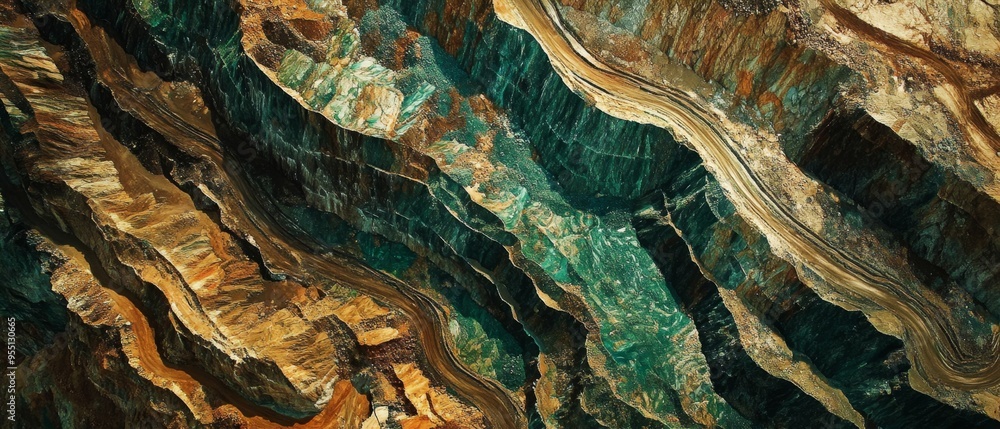 Aerial shot of a jade mine with intricate excavation patterns revealing lush green jade deposits against a rugged landscape symbolizing the balance of industry and nature