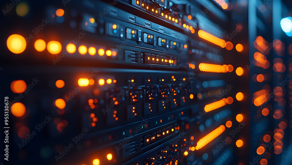 Close-Up Shot of a Server Rack in a Data Center with Bright Lights and Computer Equipment, Highlighting Advanced Technology Behind Cloud Services, Blurred Background, High Resolution Close-Up Shot of a Server Rack in a Data Center with Bright Lights and Computer Equipment, Highlighting Advanced Technology Behind Cloud Services, Blurred Background, High Resolution