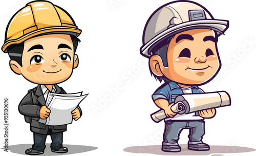 Smiling young architect character holding blueprints construction industry design engineer foreman professional architecture building contractor development drawing expertise hardhat helmet