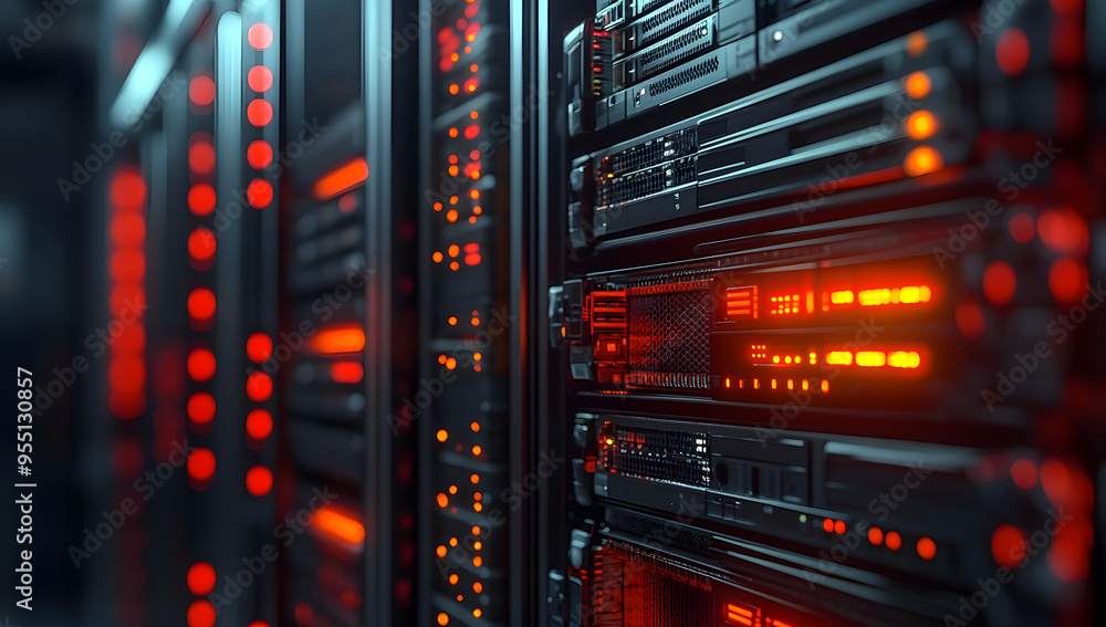Close-Up Shot of a Server Rack in a Data Center with Bright Lights and Computer Equipment, Highlighting Advanced Technology Behind Cloud Services, Blurred Background, High Resolution Close-Up Shot of a Server Rack in a Data Center with Bright Lights and Computer Equipment, Highlighting Advanced Technology Behind Cloud Services, Blurred Background, High Resolution