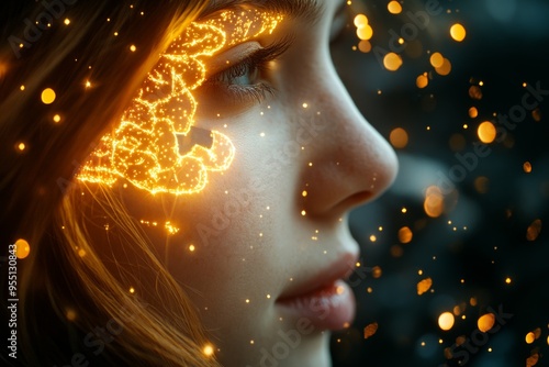 Strategic thinking Neuronal network Close up of a woman’s face illuminated by warm lights with her brain depicted as glowing lines of neurons symbolizing intellectual beauty and inner thought