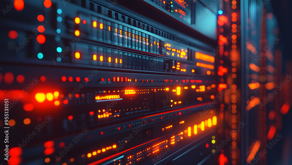 Close-Up Shot of a Server Rack in a Data Center with Bright Lights and Computer Equipment, Highlighting Advanced Technology Behind Cloud Services, Blurred Background, High Resolution Close-Up Shot of a Server Rack in a Data Center with Bright Lights and Computer Equipment, Highlighting Advanced Technology Behind Cloud Services, Blurred Background, High Resolution