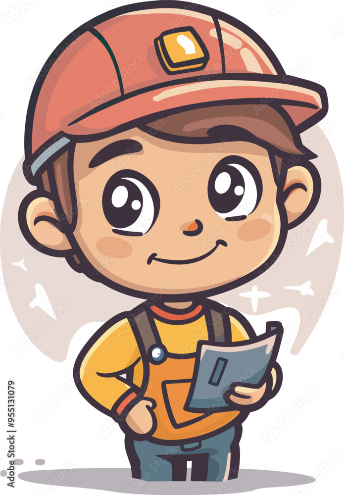 Cute cartoon happy young construction worker foreman holding checklist wearing orange vest and hardhat smiling mascot logoillustration Cute cartoon happy young construction worker foreman holding checklist wearing orange vest and hardhat smiling mascot logoillustration