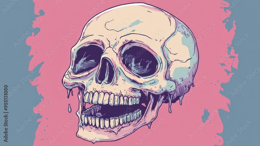 Fototapeta premium A vibrant illustration of a skull, featuring intricate details and a playful, colorful background.