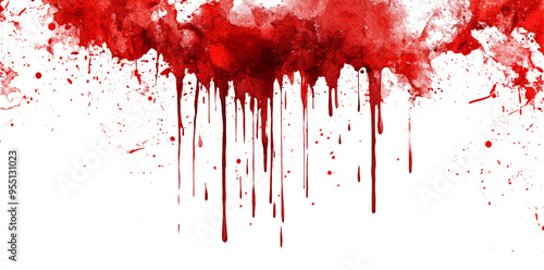 Red blood or paint flowing down on transparent background. Halloween, murder and horror concept. Red ink splash, splatter and stain.
