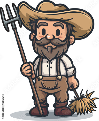 Happy cartoon farmer holding pitchfork and hay countryside agriculture farming harvest mascot character illustration isolatedimage
