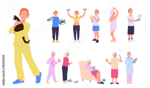 Young woman and elderly retired female cartoon characters daily life routine from morning to evening