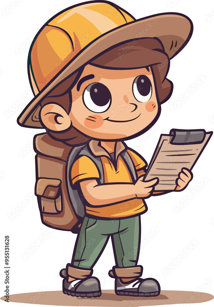 Cute cartoon little explorer boy with backpack and clipboard adventure hiking camping nature exploration childhood mascot happy character design isolated illustration Cute cartoon little explorer boy with backpack and clipboard adventure hiking camping nature exploration childhood mascot happy character design isolated illustration