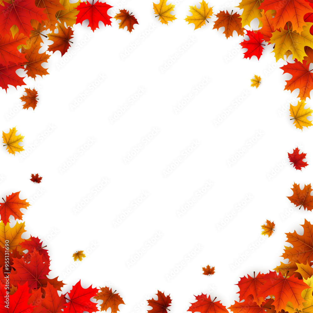 Circular frame of scattered autumn maple leaves in vibrant red, orange, and yellow tones. Vector illustration. Circular frame of scattered autumn maple leaves in vibrant red, orange, and yellow tones. Vector illustration.