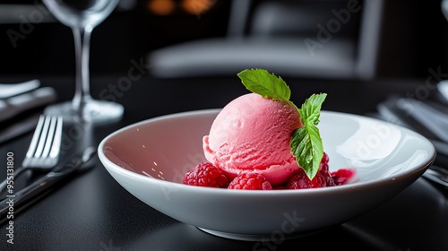 Pink sorbet with raspberries and mint on a white plate.