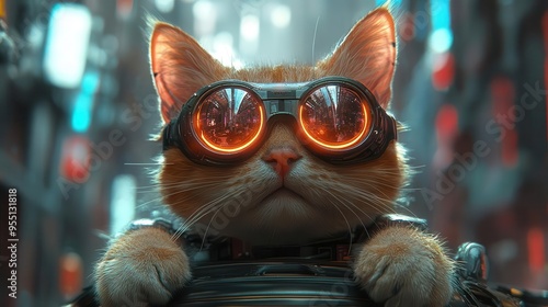 cyberpunk feline robotic cat with neon accents holographic sunglasses perched on hover car futuristic megacity backdrop photo