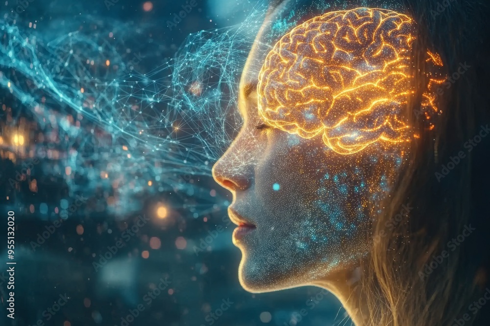 Obraz premium Convergent thinking Neuronal network Side profile of a woman with glowing brain connections in a digital space symbolizing the fusion of human intelligence with advanced technology