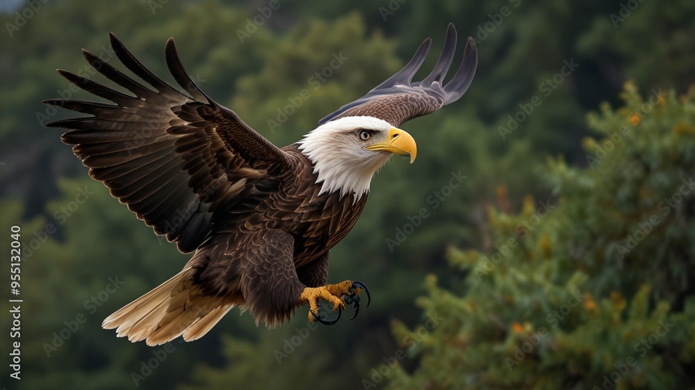 Fototapeta premium An eagle with sharp claws flies over a tree.