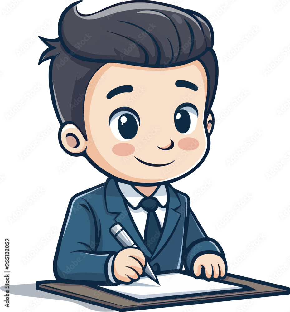 Cartoon illustration of businessman working at office desk writing notes taking meeting minutes business finance professional office worker background Cartoon illustration of businessman working at office desk writing notes taking meeting minutes business finance professional office worker background