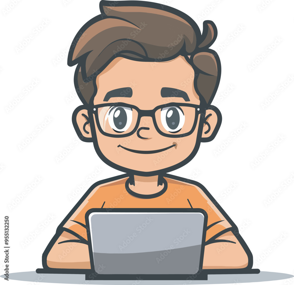 Young boy using laptop computer education online learning cartoon illustration technology student study e learning digital childhood knowledge kid school child isolated Young boy using laptop computer education online learning cartoon illustration technology student study e learning digital childhood knowledge kid school child isolated