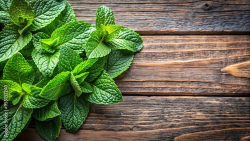 Fresh mint leaves on rustic wooden background