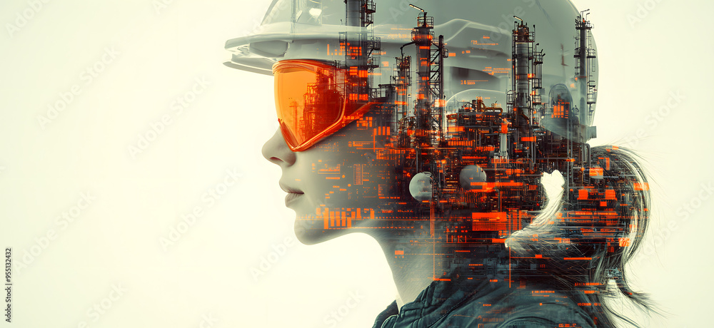 Woman Wearing Helmet and Glasses with Oil Plant in the Background and Digital Data Overlay, Vibrant Colors with White Base and Orange Details, Clear Visibility of Both Person and Oil Production Plant Woman Wearing Helmet and Glasses with Oil Plant in the Background and Digital Data Overlay, Vibrant Colors with White Base and Orange Details, Clear Visibility of Both Person and Oil Production Plant