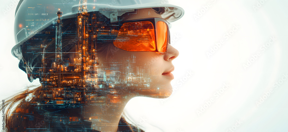 Woman Wearing Helmet and Glasses with Oil Plant in the Background and Digital Data Overlay, Vibrant Colors with White Base and Orange Details, Clear Visibility of Both Person and Oil Production Plant Woman Wearing Helmet and Glasses with Oil Plant in the Background and Digital Data Overlay, Vibrant Colors with White Base and Orange Details, Clear Visibility of Both Person and Oil Production Plant