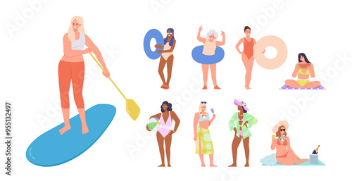 Young adult and senior women cartoon characters enjoying summer vacation and beach hobby activity