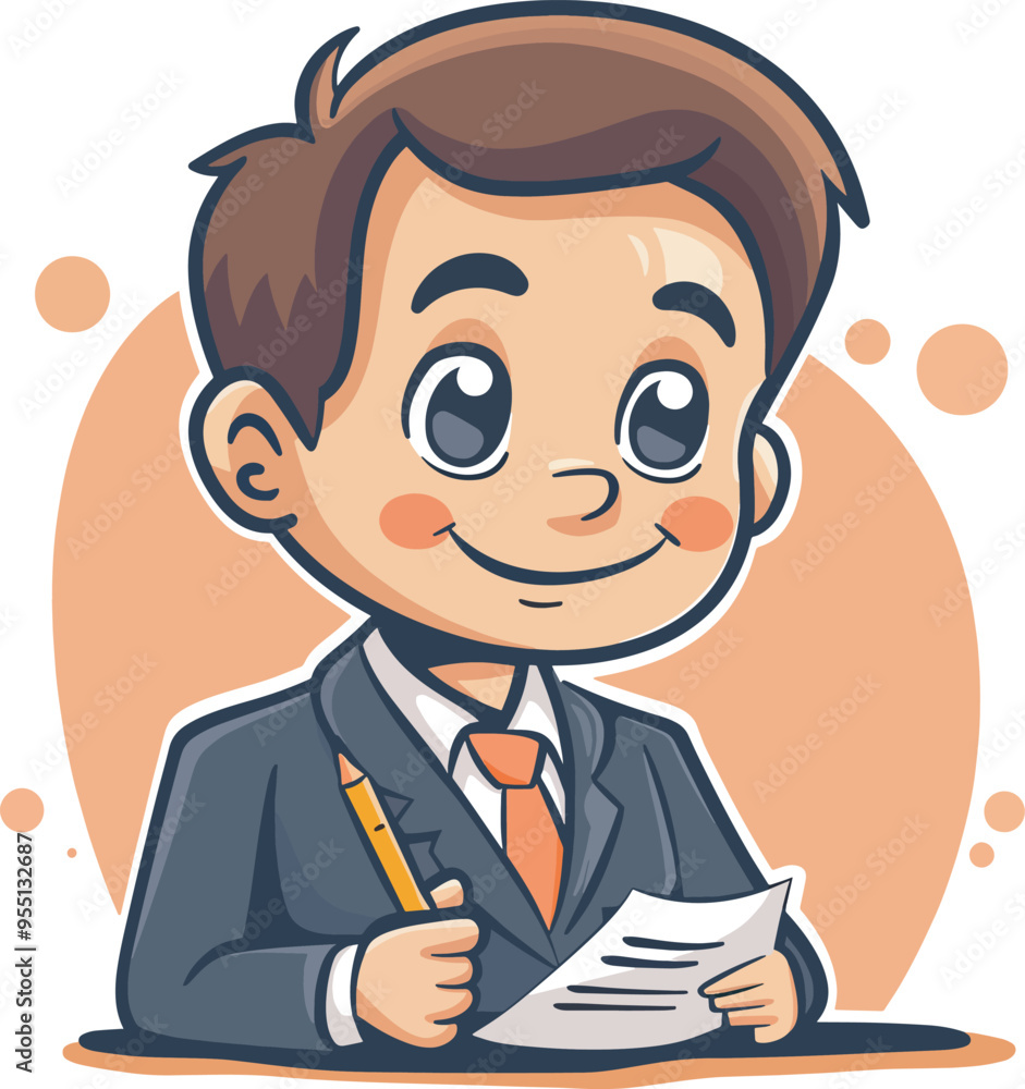 Cute Cartoon Child Businessman Character Holding Pencil And Paper Contract Smiling Caucasian Boy In Business Suit Finance And Business Concept Isolated On White Background Vector Illustration Cute Cartoon Child Businessman Character Holding Pencil And Paper Contract Smiling Caucasian Boy In Business Suit Finance And Business Concept Isolated On White Background Vector Illustration