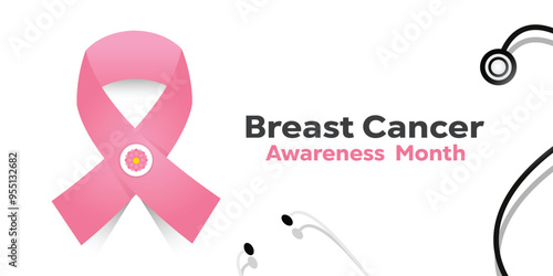 Breast Cancer Awareness Month. Ribbon and stethoscope. Great for cards, banners, posters, social media and more. White background. 
