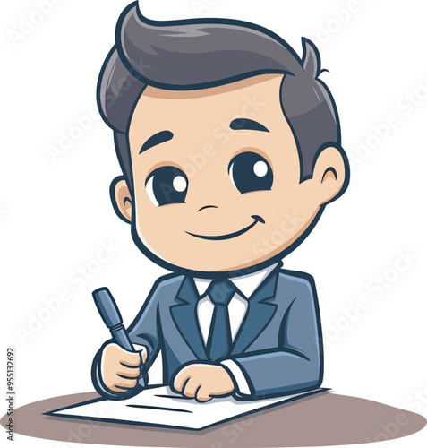 Cute Cartoon Businessman Character Signing Contract Agreement Business Deal Success Happy Professional Office WorkIllustration Graphic Design Element Isolated White Background Marketing Finance