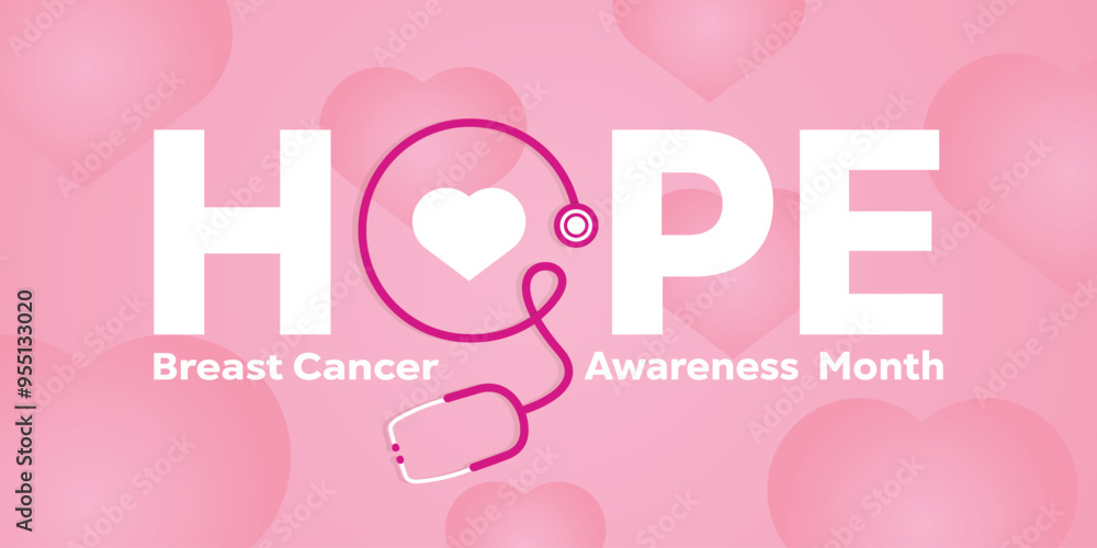 Breast Cancer Awareness Month. Heart and stethoscope. Great for cards, banners, posters, social media and more. Pink background. Breast Cancer Awareness Month. Heart and stethoscope. Great for cards, banners, posters, social media and more. Pink background.