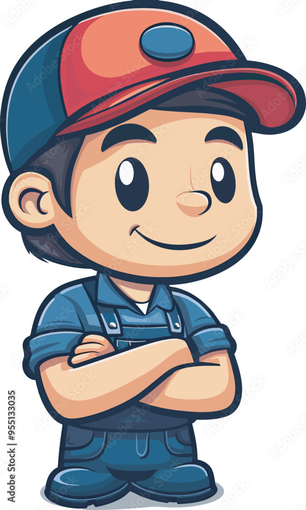 Confident cartoon mechanic mascot character arms crossed smilingillustration isolated on background for repair service logo branding or handyman business advertising campaign Confident cartoon mechanic mascot character arms crossed smilingillustration isolated on background for repair service logo branding or handyman business advertising campaign