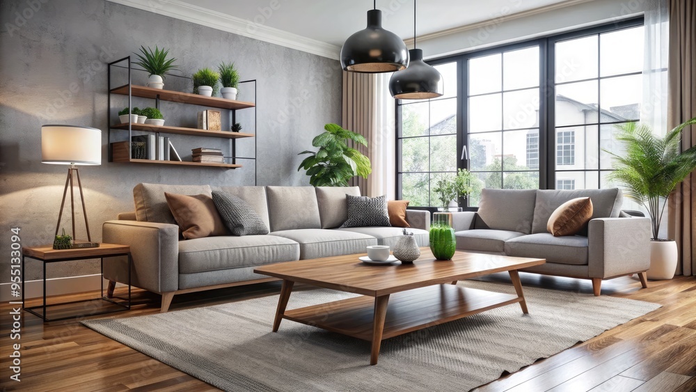 Stylish modern living room with sleek sofa, wooden coffee table, and ...