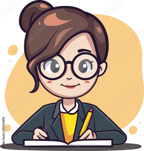 Cute Cartoon Businesswoman Writing In Notebook Office Work Business FinanceIllustration
