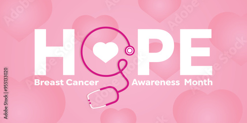 Breast Cancer Awareness Month. Heart and stethoscope. Great for cards, banners, posters, social media and more. Pink background. 