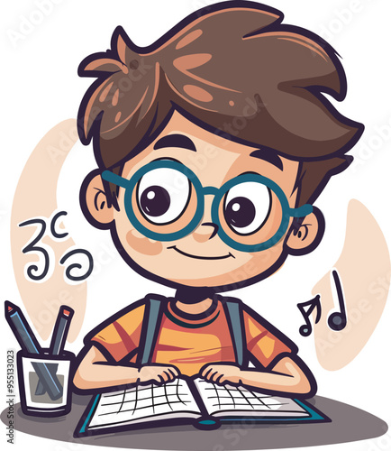Happy student boy studying and learning for school homework assignment back to school education concept illustration isolated cartoon graphic design element background