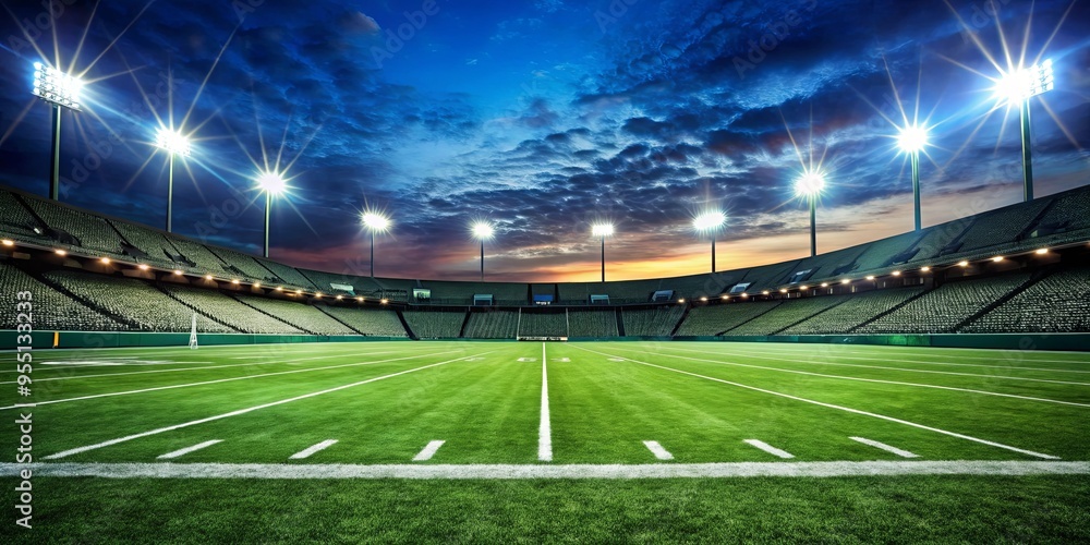 Vibrant green football field under stadium lights on a clear night sky Vibrant green football field under stadium lights on a clear night sky