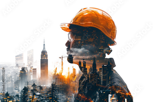 Double exposure of construction worker wearing safety helmet with urban skyline isolated on transparent background