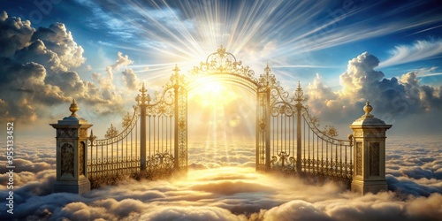 Stylized illustration of pearly gates adorned with clouds, rays of light, and intricate details, evoking a sense of serenity and entrance to a divine realm. photo