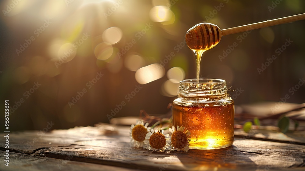 A jar of honey with a wooden dipper pouring honey into the jar on a wooden table with daisies in the foreground. A jar of honey with a wooden dipper pouring honey into the jar on a wooden table with daisies in the foreground.