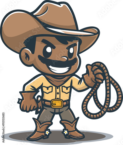 Cute cartoon cowboy holding lasso western character design mascot logo illustration background isolated wild west america texas rodeo sheriff bandana boots hat fun kids
