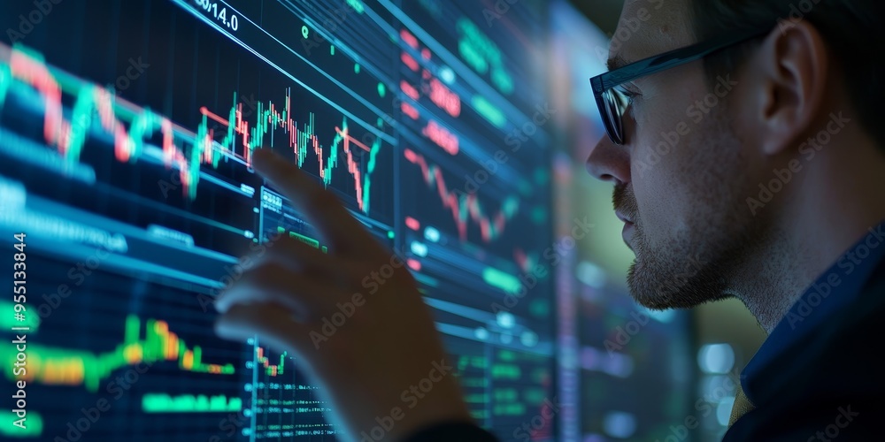 Financial analyst reviewing stock market trends on a large screen detailed graphs and market indicators professional setting Financial analyst reviewing stock market trends on a large screen detailed graphs and market indicators professional setting