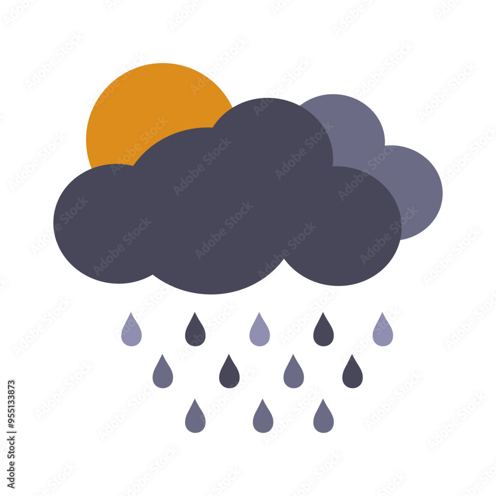 Vector illustration of cloud with rain and sun in flat style Weather forecast, meteorology Thundercloud and sun isolated on white background Vector illustration of cloud with rain and sun in flat style Weather forecast, meteorology Thundercloud and sun isolated on white background